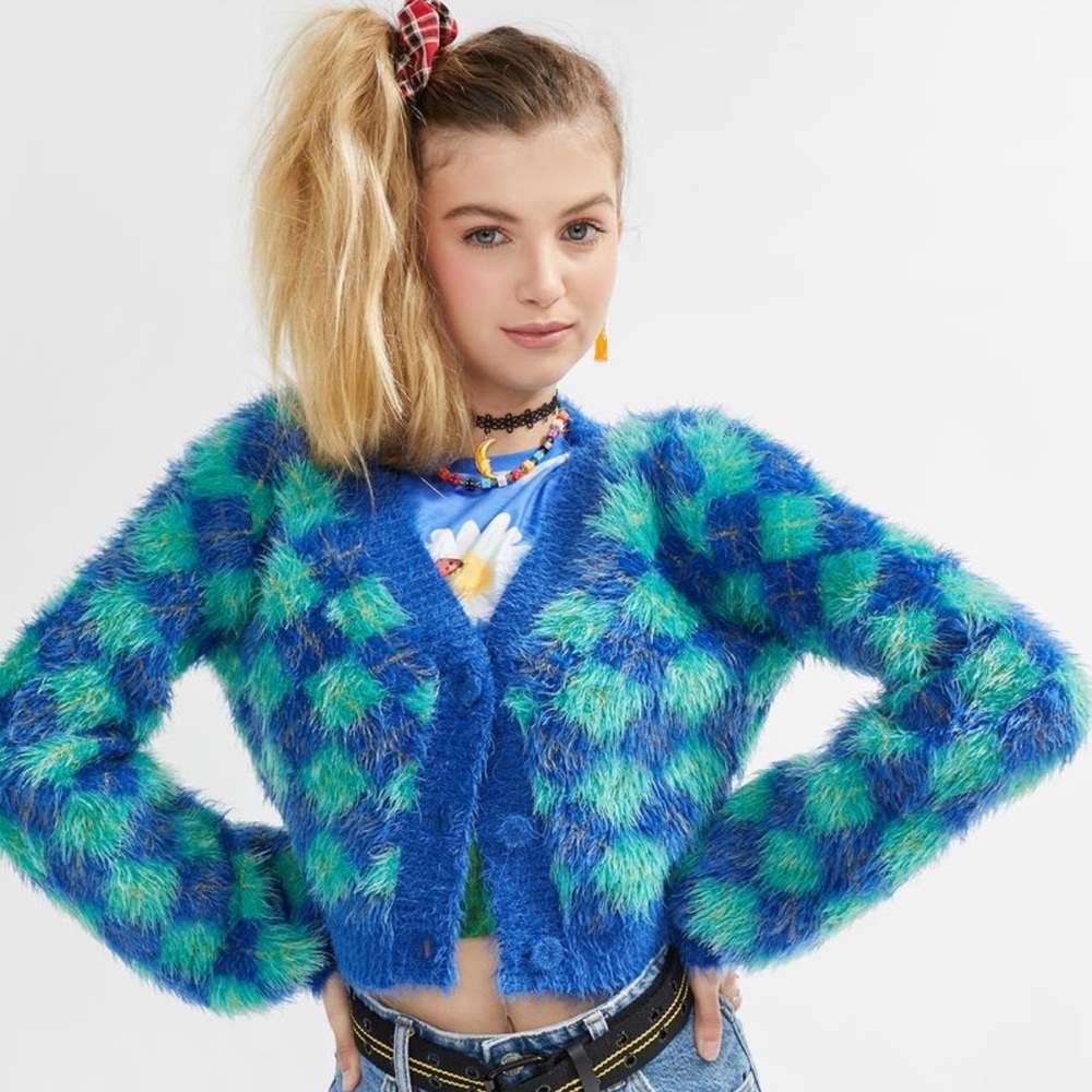 Fuzzy argyle cardigan by Dolls kill / delia’s